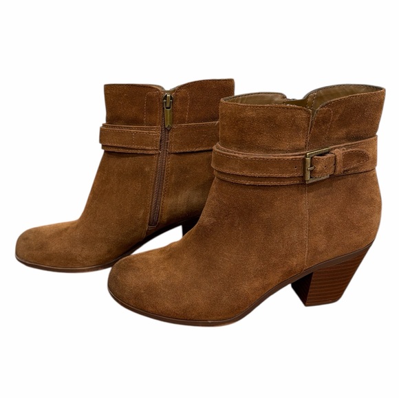 Sam Edelman Lynne Cognac Suede Ankle Booties Block Heel Buckle Zip Sz 8 - Picture 3 of 11